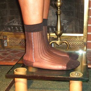 2PR Men's Sheer Brown Thick N Thin with Pattern, Cap Toe Cap Heel Socks - 10 -13